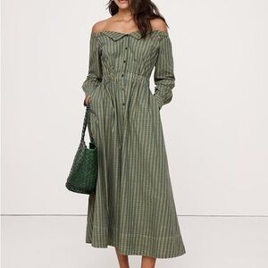 Banana Republic Green Plaid Off-Shoulder Dress
